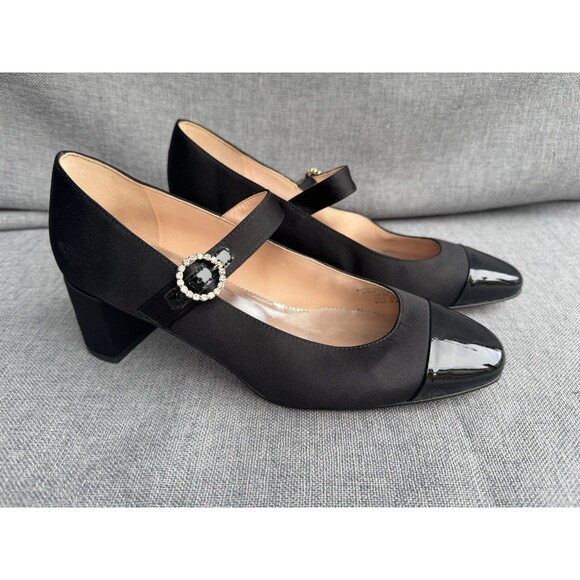 J.Crew Shoes - J Crew Black Mary Jane Block Heels Rhinestone Buckle Patent Cap Toe Shoes Size 8